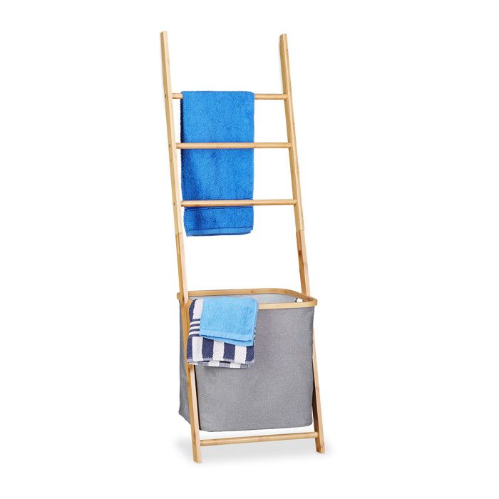 Relaxdays Porte-serviettes bambou panier à linge échelle à poser barreaux sac à linge HxlxP: 139 x 43 5 x 33cm nature