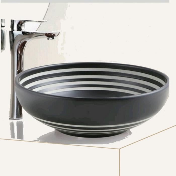 Vasque à Poser Ronde - Céramique Noire rainurée Blanc - 40,5 cm - Chromatic