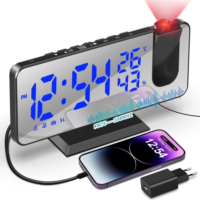 Réveil Projecteur Plafond FM Radio - Projection 180° LED - Port USB - 4 Luminosités - 12/24H