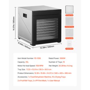 Déshydrateur Alimentaire 1000W Inox 9 Plateaux - Temp 30-75°C - Minuterie 48h - Écran Tactile LCD