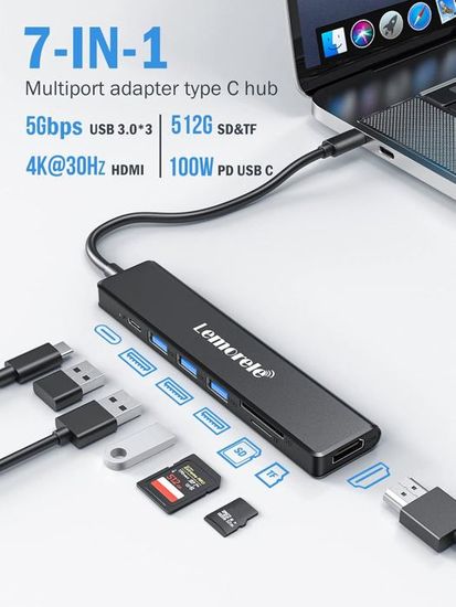 Hub USB-C 7-en-1 SINEHO : Charge Rapide PD 100W, HDMI 4K, Ports USB Et Lecteur SD/TF - Parfait Pour MacBook, Dell XPS Et Autres Appareils USB-C