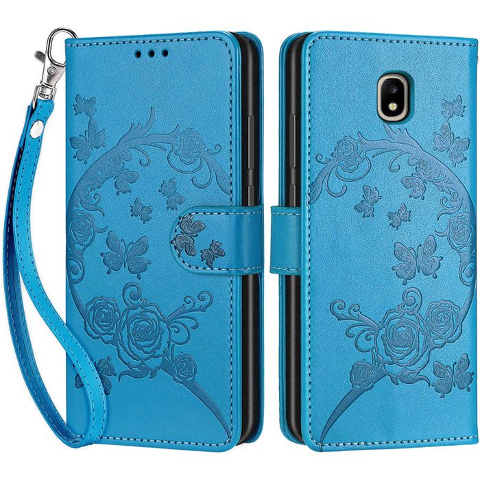 Housse pour Samsung Galaxy J3 2017 SM-J330 Cuir PU Coque avec Fentes  Cartes Étui motif gaufré Fleur et papillon bleus