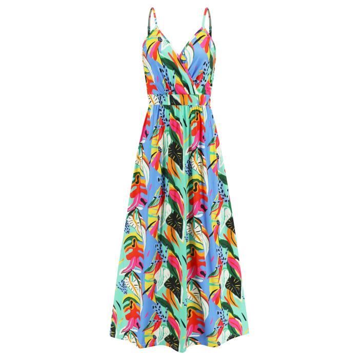 Robe Bohème Femme - MARQUE - Col V Imprimé Floral - Taille Haute