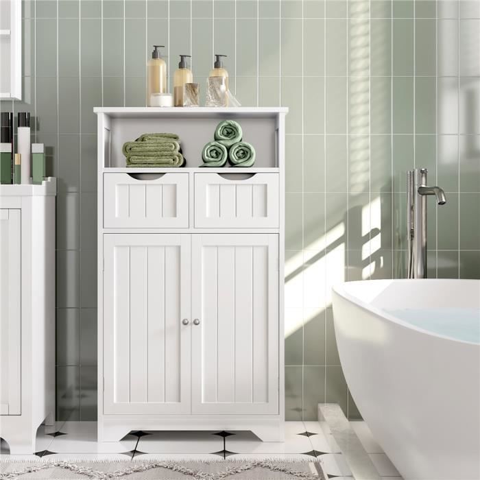Meuble Salle De Bain Blanc ESituro - Armoire Rangement 50x30x93cm Portes Étagères Réglables