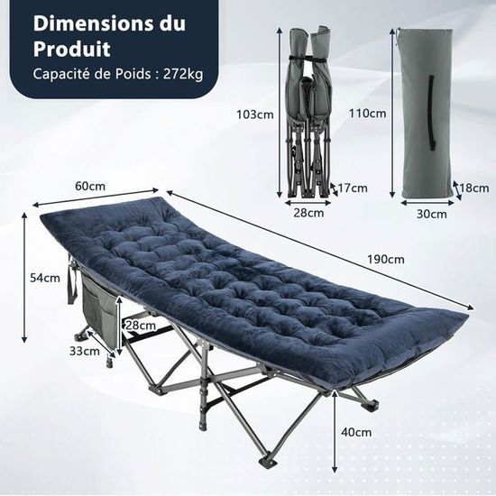 COSTWAY Matelas de Camping en Velours, 190 x 70 x 7 cm, avec 4 Sangles de Fixation Poche de Fixation de Lit, Voyages Randonnée, - Sport