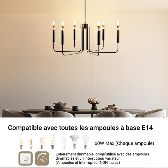 Lustre noir mat, plafonnier moderne à bougie de ferme pour salle à manger, 8 lumières, luminaires suspendus rustiques industriels pour cuisine, îlot, salon, chambre à coucher, foyer