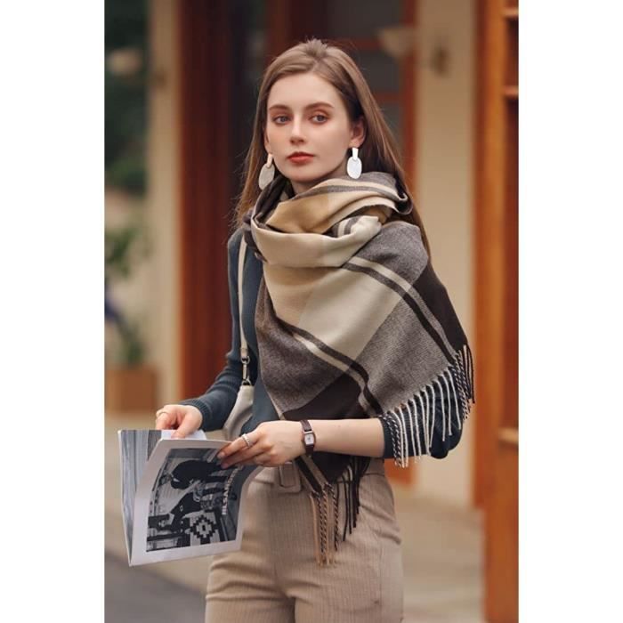 Écharpe longue écru à carreaux - Cinelle Paris, mode femme tendance