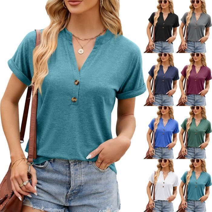 T-shirt Femme Huk Bleu Pêche, Manches Courtes, Col V, Taille S, Coton Mélangé