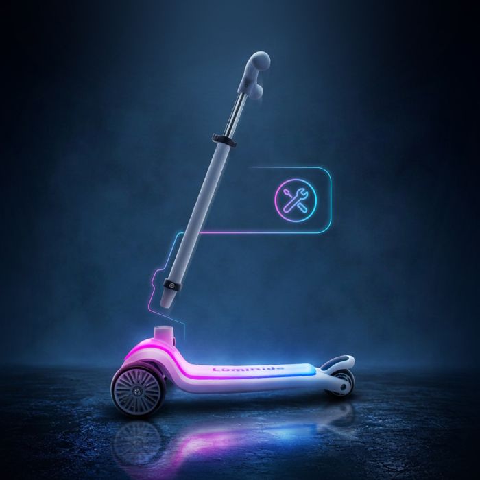 Lumi Ride Trottinette Enfant LED – 7 Couleurs, 20 Programmes, Hauteur Réglable (73-85 Cm), Frein à Pied, Pliable