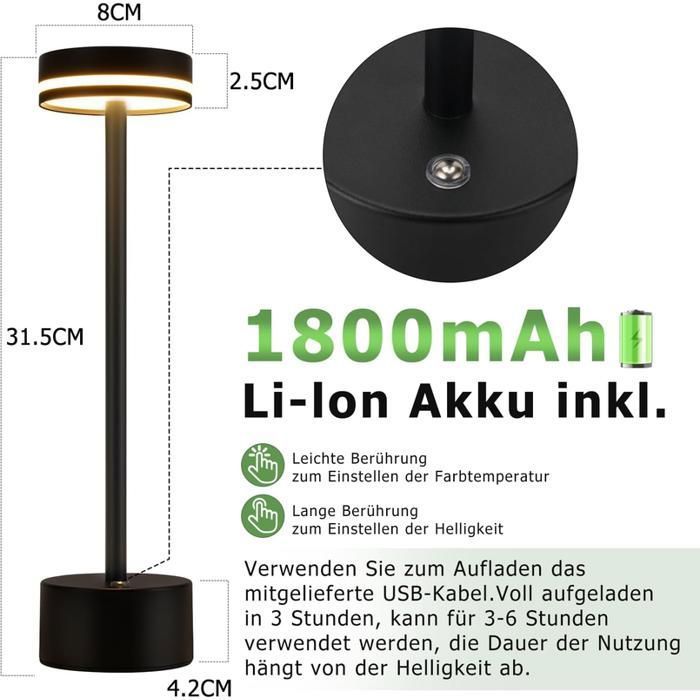 Lampe De Table Sans Fil Rechargeable Avec Contrôle Tactile - Lumière Chaude Dimmable 3000K Pour Intérieur Et Extérieur