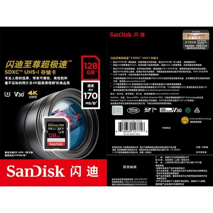 Carte Mémoire SDXC 128 Go Sandisk Extreme Pro jusqu'à 95 Mo-s, Classe 10,  U3 V30 UHS-I 4K pour Caméra SDXXG - Cdiscount Appareil Photo