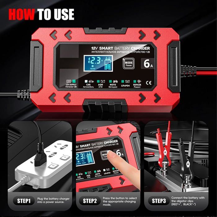 Chargeur Batterie 12V 6A Weinsamkeit - Automatique Intelligent Avec Écran LCD Tactile Pour Voiture, Moto, Bateau