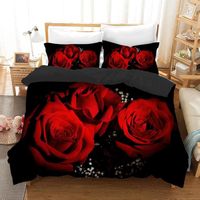 Parure de lit Roses rouges au fond de noir 200*200 cm 3D effet 3 pieces fermeture éclair 2 taies d'oreillers 63*63cm