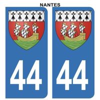 Autocollant Stickers plaque immatriculation voiture auto 44 Bleu Blason Ville Nantes Lot de 2