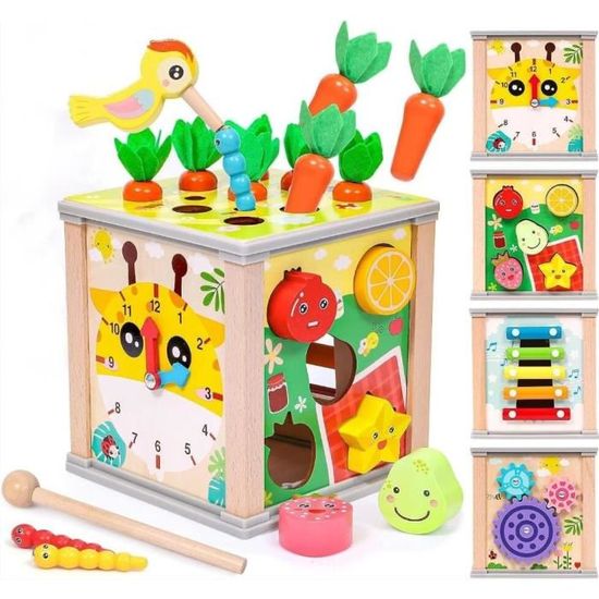 Cube D'activité 6 En 1 Montessori – Robinet, Prise, Toupie, Bulles – Sensoriel Et éducatif – Dès 1 An – ABS Lisse – Portable