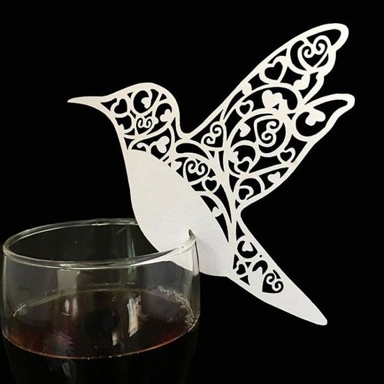 BLANC Lot de 50 Marque-Place Oiseau Ajouré Décors de Table Mariage Décoration Verre à Vin Étiquette Marque-verre Porte-Nom