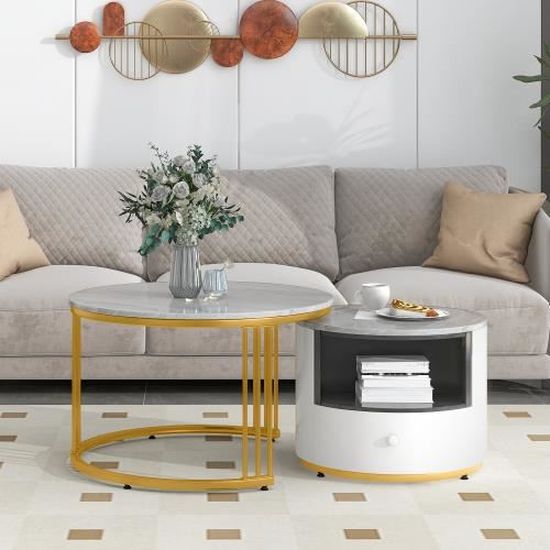 Lot de 2 table basse gigognes, table de salon, cadre de métal, rond