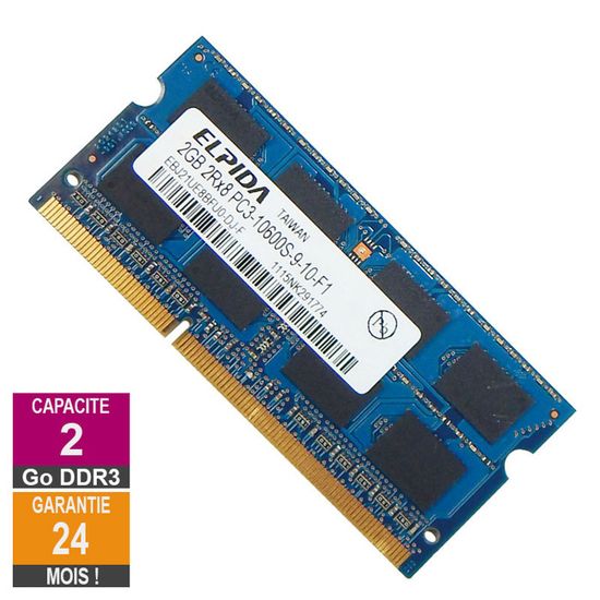 Module RAM DDR3 2 Go SO-DIMM PC3-10600S - Marque Elpida, Testée Et Fonctionnelle - Occasion