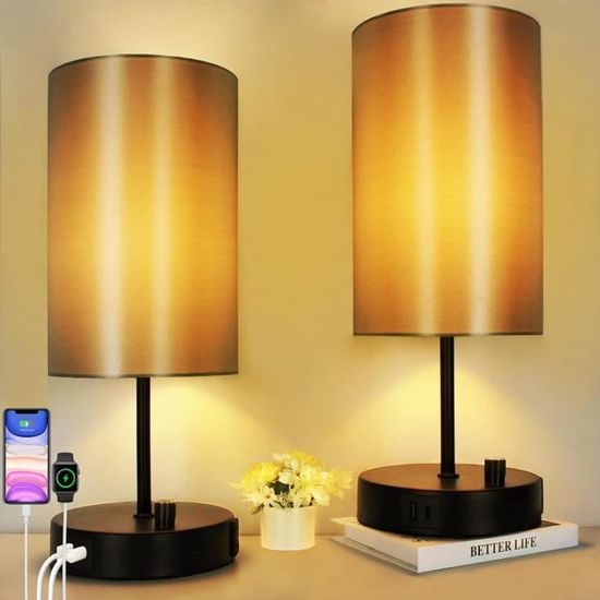 Lot De 2 Lampes De Table Industrielles Tactiles Noires - 3 Intensités, 2 Ports USB + Prise AC, Ampoules LED Incluses