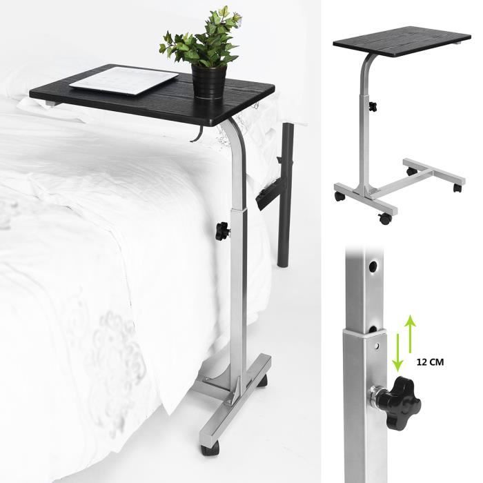 Table Lit Ordinateur, Table d'appoint ,Table de lit sur roulettes -Mobile - hauteur réglable - L 48 x l 37 x H 67-79 cm