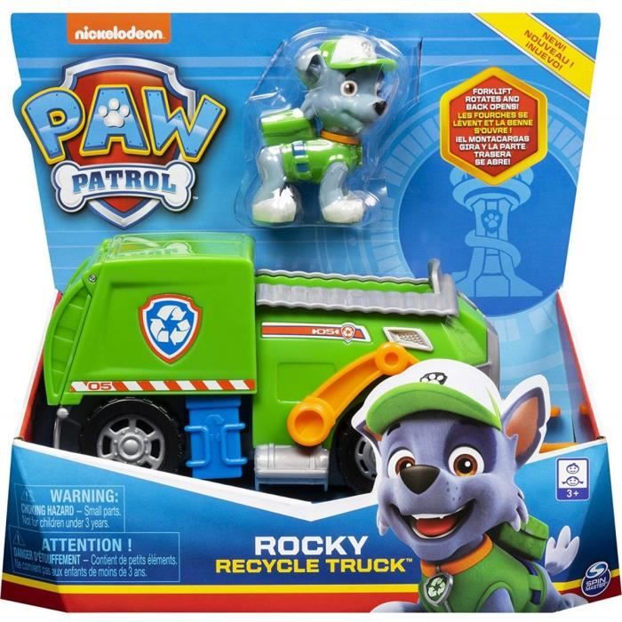 Pat Patrouille : Chien Rocky et Son Camion Poubelle Vert Avec Fourche - Figurine Et Vehicule - Nouveaute Paw Patrol
