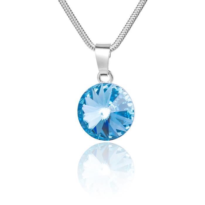 Collier en argent avec pendentif des éléments Swarovski d'origine, rond, bleu, boîte, idéal comme cadeau pour une femme ou une pe