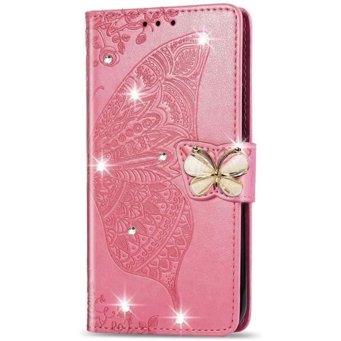 Étui iPhone 8, Porte-Cartes Cuir Paillette Papillon Fleur Dragonne Support Housse Protection, Rose