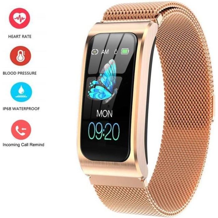 Montre connectée de Femme, Bracelet Or Métal 1,14 Ecran Couleur HD IP67 Montre Etanche Sport Smart Watch AK12