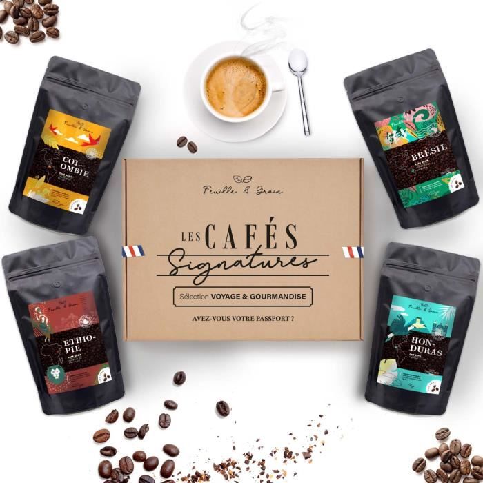 Café Grain Coffret Découverte D'Assortiment Voyage & Gourmandise - Torréfaction Artisanale D'Origine Française - 4 paquets de 250gr