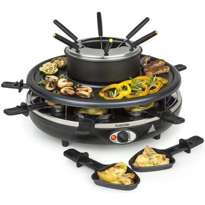 Klarstein Fonduelette Appareil à raclette et fondue pour 8 personnes - Revêtement antiadhésif - Thermostat réglable - 1350W