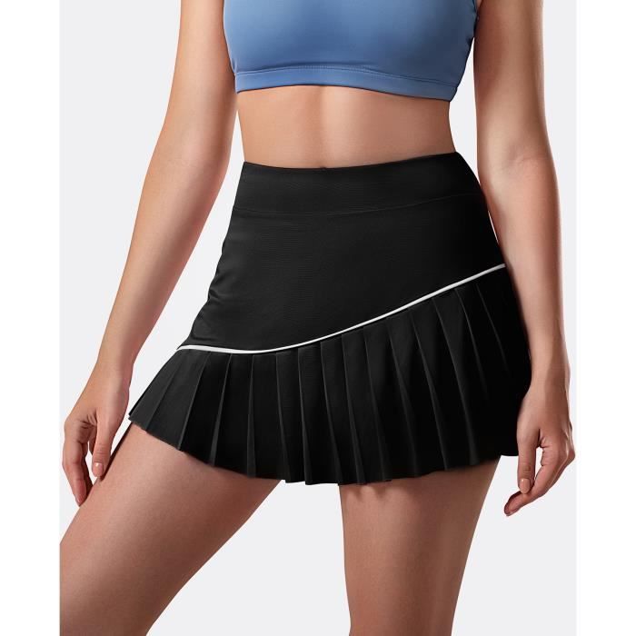 Jupe de tennis plissée pour femme avec poches jupe de golf avec short taille haute décontractée jupe d'entraînement de course-Noir