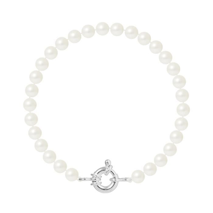PERLINEA - Bracelet - Véritables Perles de Culture d'Eau Douce Rondes 6-7 mm Blanc Naturel - Argent 925 Millièmes - Bijoux Femme