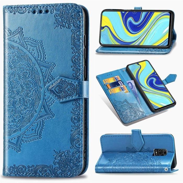 Étui Xiaomi Redmi Note 9S, Coque Mandala Portefeuille Porte-Cartes Cuir Support Housse Protection, Bleu