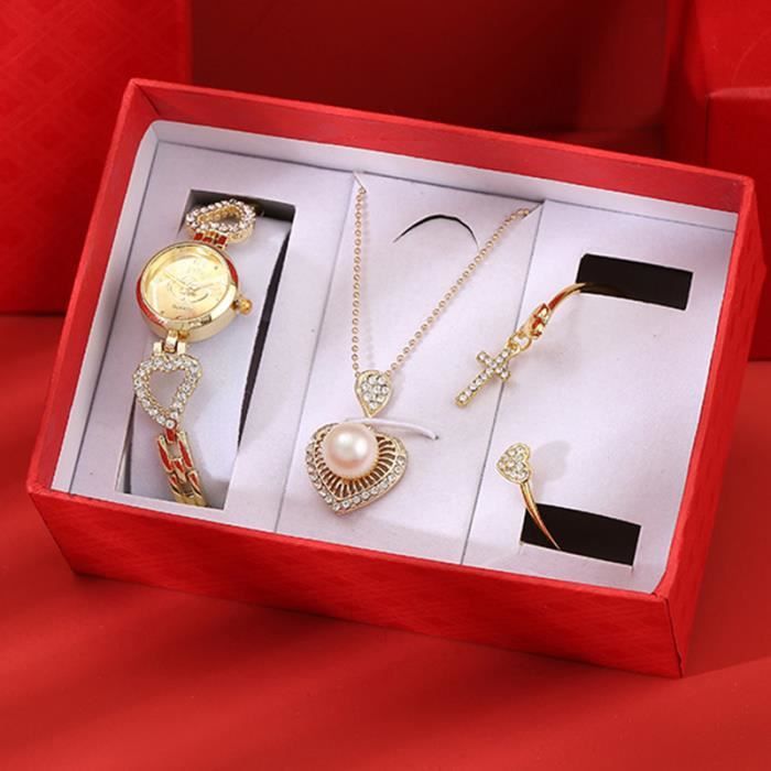 SHARPHY Coffret montre femme + bracelet + collier – diamant perle forme de coeur doré tempérament grâce luxe cadeau
