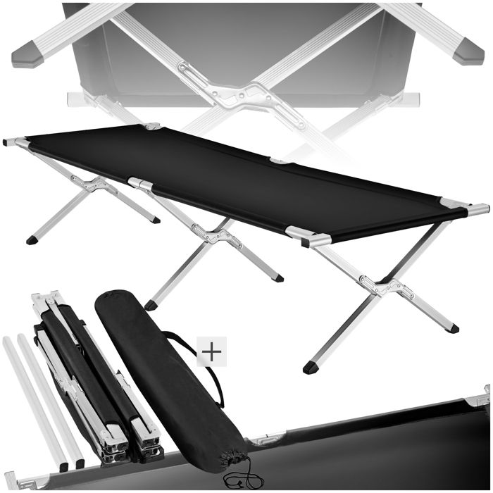 TECTAKE Lit de camp 190 cm x 70 cm avec Housse de transport Noir