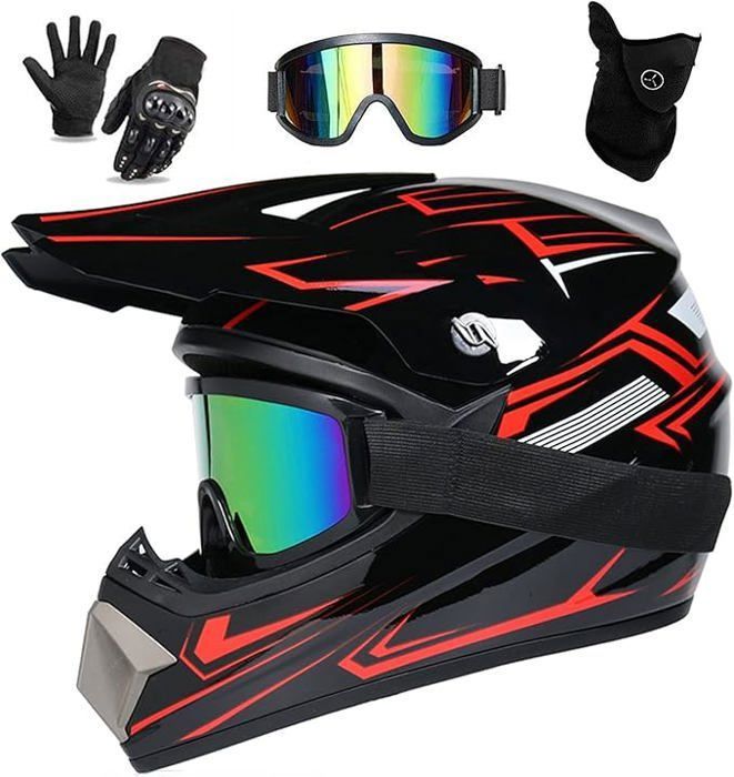 Casque Motocross Intégral Avec Gants, Lunettes, Masque Et Filet - Certifié ECE, Orange Taille M, Pour VTT, Quad, Enduro