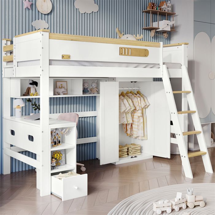 Lit Mezzanine 1 Place avec Bureau pour Enfant Rangement et Barrière SécuritéArmoireÉtagères OuvertesPinBlanc et Naturel90x200