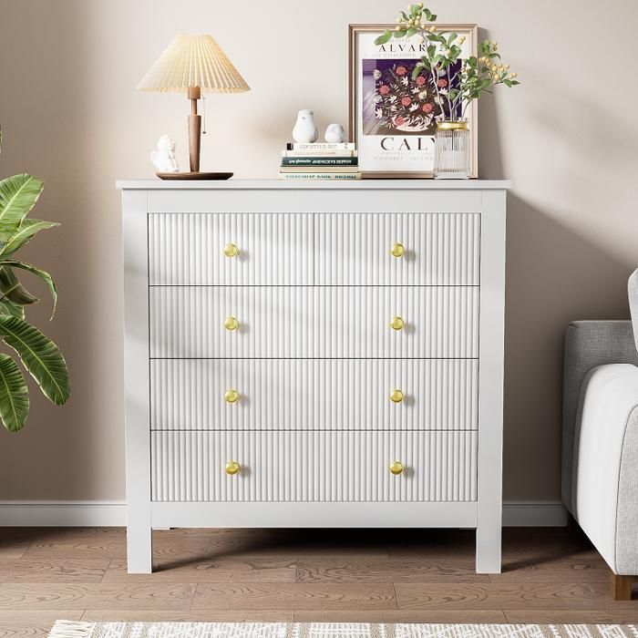 Commode Blanche 7 Tiroirs Avec Poignées Dorées - Rangement Moderne Pour Chambre, Salon Ou Dressing