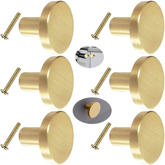 Lot de 6 boutons de meuble ronds en laiton doré brossé 20 x 25 mm