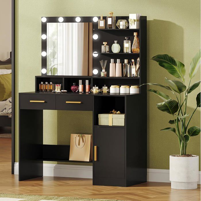 Coiffeuse avec Miroir et 10 Lumières LED RéglablesTable de Maquillage avec 2 Tiroir1 Armoire et 4 Compartiments OuvertsNoire