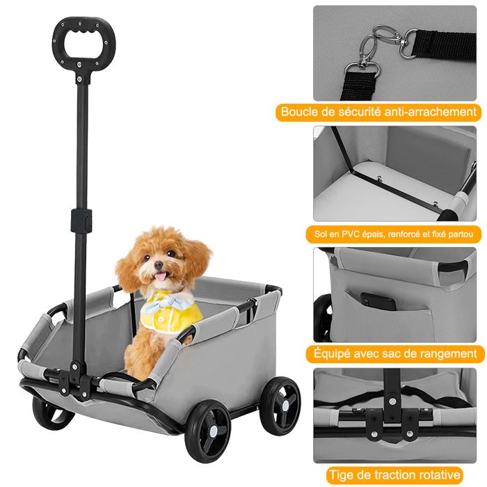 Meilleurs prix pour GRIS Poussette pliable pour chien chat animaux Poussette avec Tige de traction rotatif et sac de rangement corde de sécurité