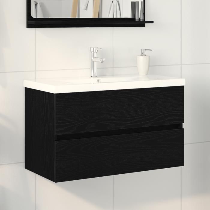 Meuble sous lavabo avec vasque intégrée Chêne noir Bois d ingénierie Meuble sous lavabo Chêne noir 80x385x45 cm Bois d ingéni