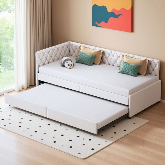 Lit Gigogne 90/180x200 cm lit Double Extensible Sommier à Lattes canapé lit avec Dossier et Reposes-bras Velours Beige