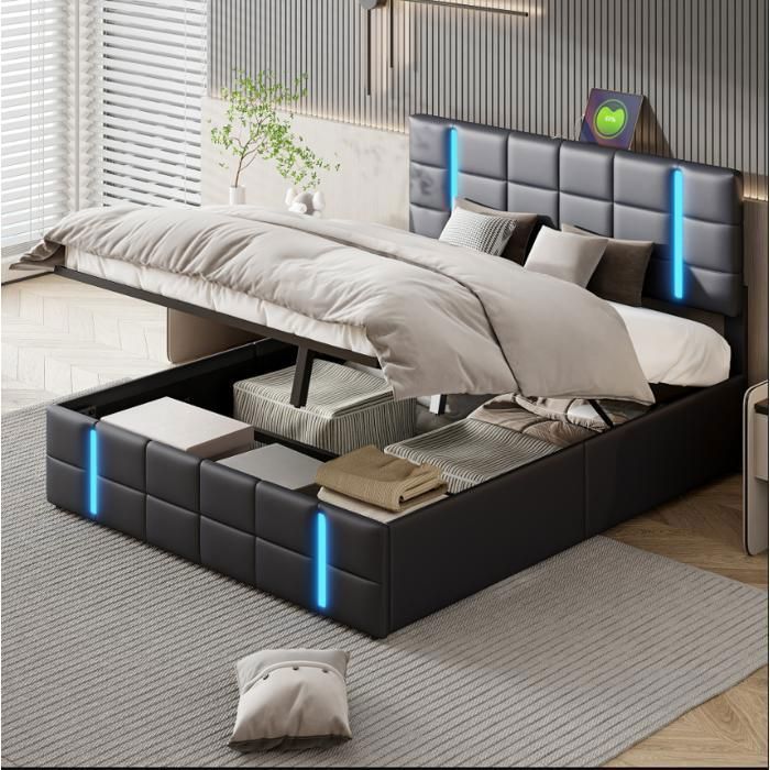 Lit double 160x200 - Style Techno - Rangement hydraulique - LED RGB & 2 ports USB - Similicuir noir