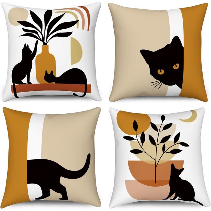 Taie oreiller boho 40x40 set de 4 imprimé abstrait chat noir plante soleil lune lin style moderne minimaliste canapé déco maison