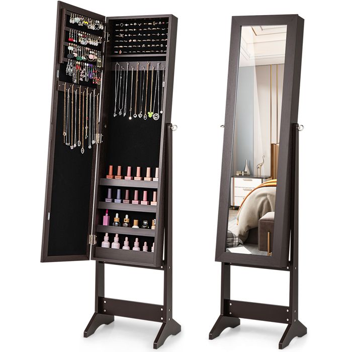 Armoire à Bijoux sur Pied COSTWAY Miroir Plein Long 3 Angles Réglables Crochets pour Colliers Emplacements Étagères Marron