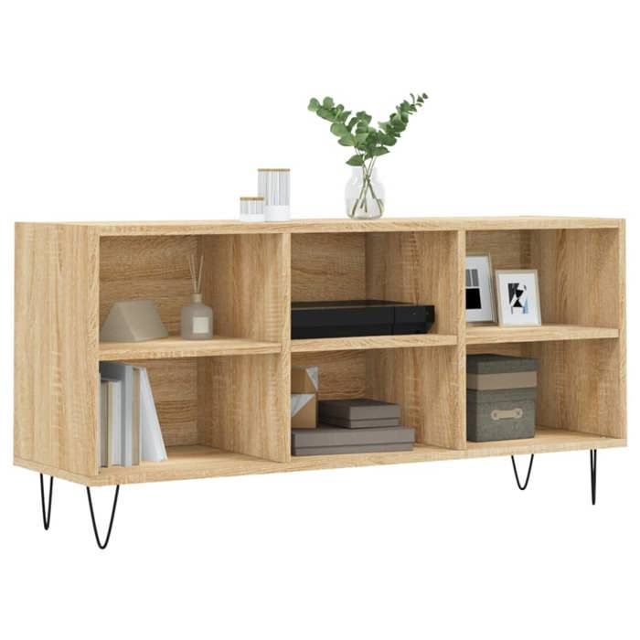 Meuble TV chêne sonoma - vidaXL - 1035x30x50 cm - Bois dingénierie - 6 compartiments - Pieds en fer