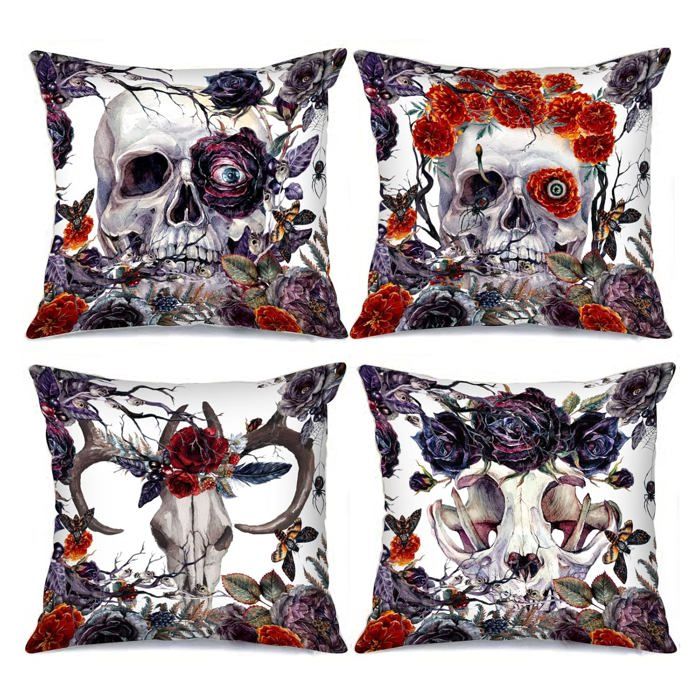 Ensemble de 4 taies doreiller décoratives en forme de crâne style vintage 45 x 45 cm motif crâne style gothique motif floral.