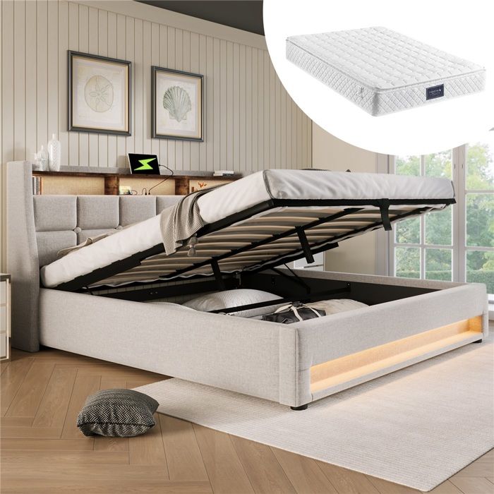 Lit Double Rembourré Lin Beige 160x200cm-Éclairage LED Prise USB-Cadre Lattes Métal Stable-Avec Matelas Jeunes Lit Double Rembourré Lin Beige 160x200cm-Éclairage LED Prise USB-Cadre Lattes Métal Stable-Avec Matelas Jeunes