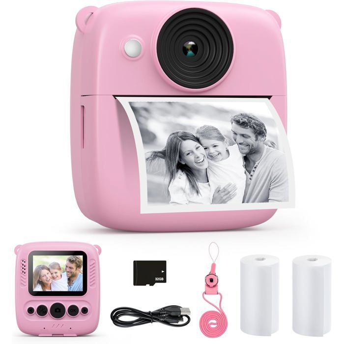 Appareil Photo Instantané Pour Enfants – 2 écrans, Selfie, Impression Sans Encre, 32 Go, 3 Rouleaux De Appareil Photo Instantané Pour Enfants – 2 écrans, Selfie, Impression Sans Encre, 32 Go, 3 Rouleaux De